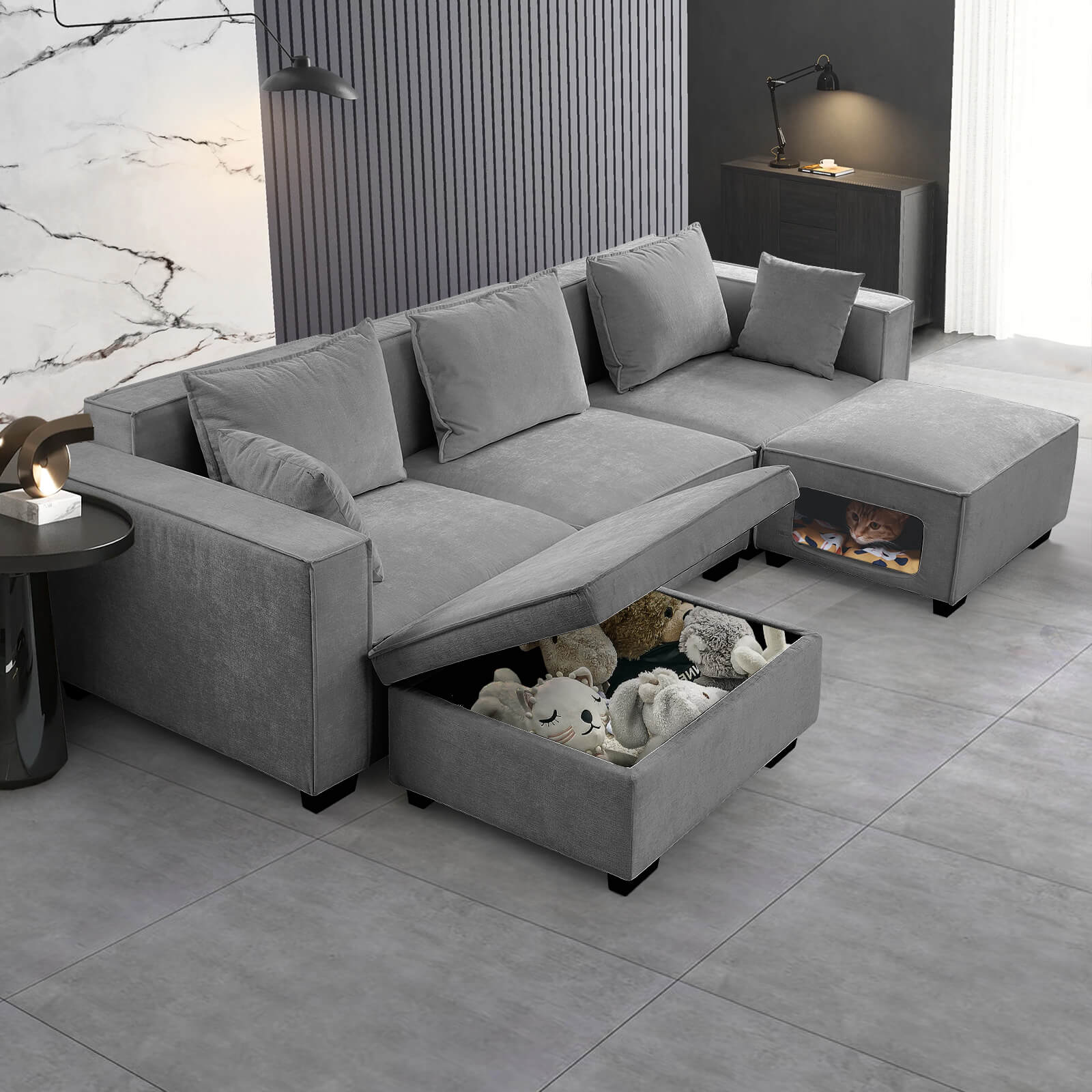 Modular Sectional 5 Seat Sofa, Extra Large U Shaped Couch with Storage & Pet Ottoman
