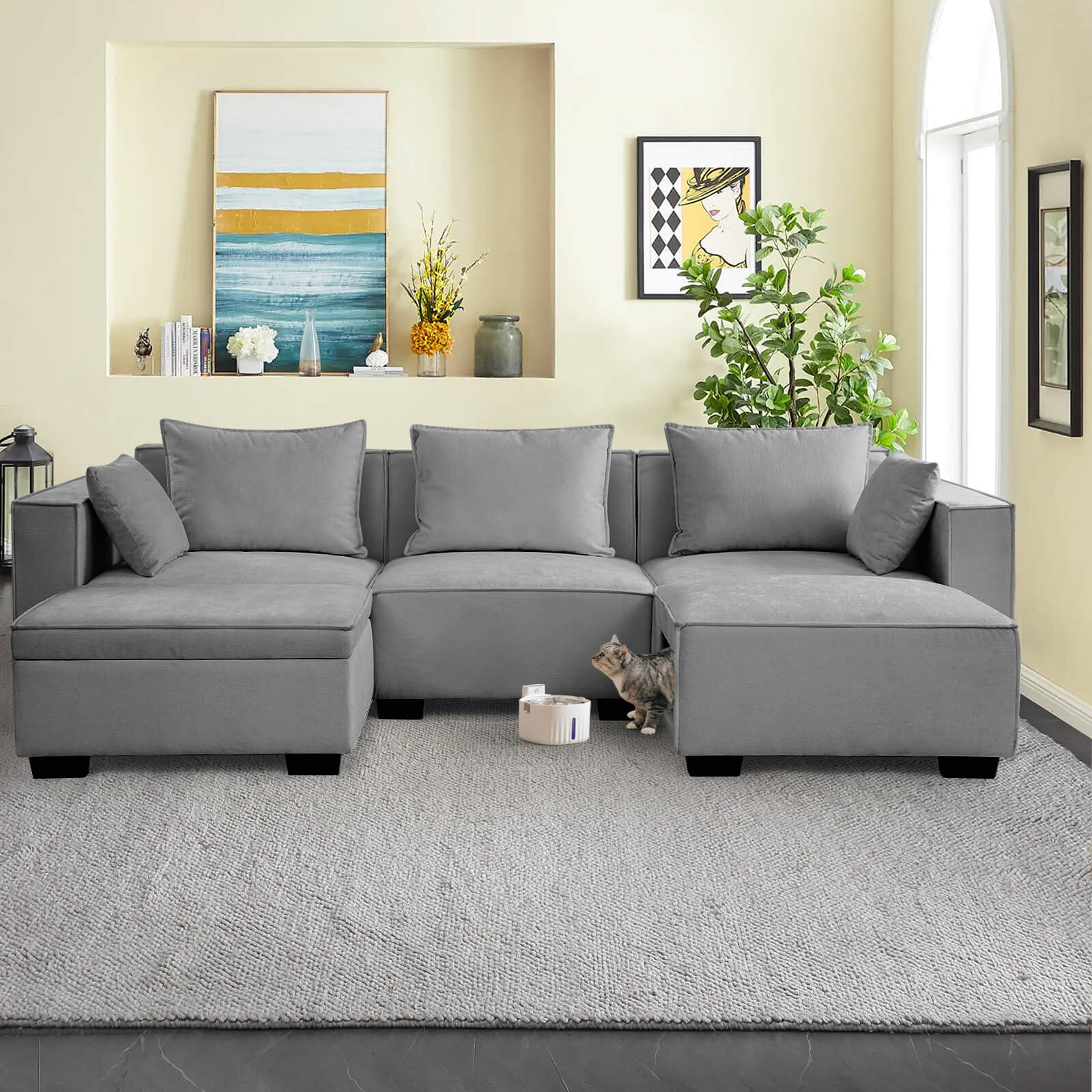 Modular Sectional 5 Seat Sofa, Extra Large U Shaped Couch with Storage & Pet Ottoman