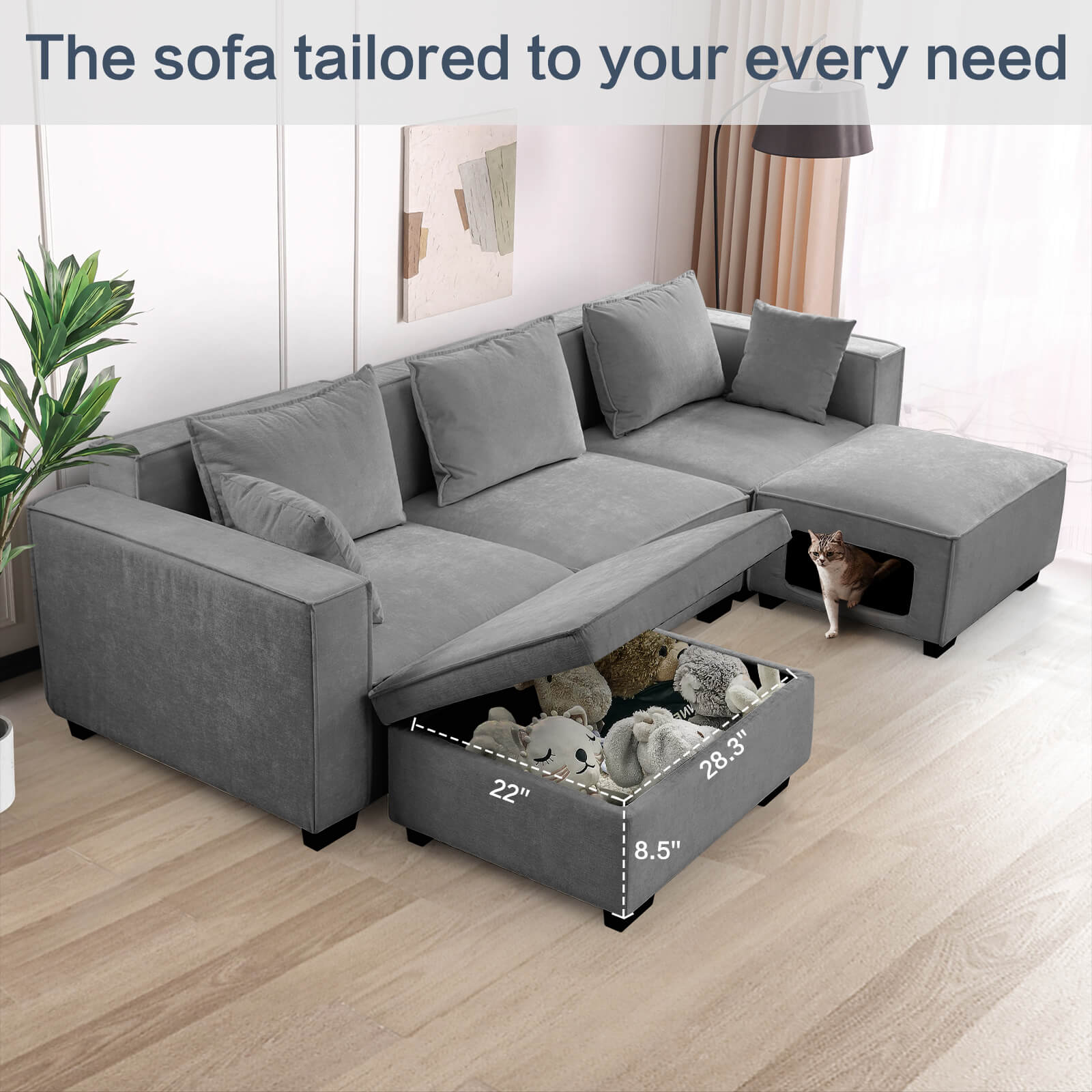 Modular Sectional 5 Seat Sofa, Extra Large U Shaped Couch with Storage & Pet Ottoman