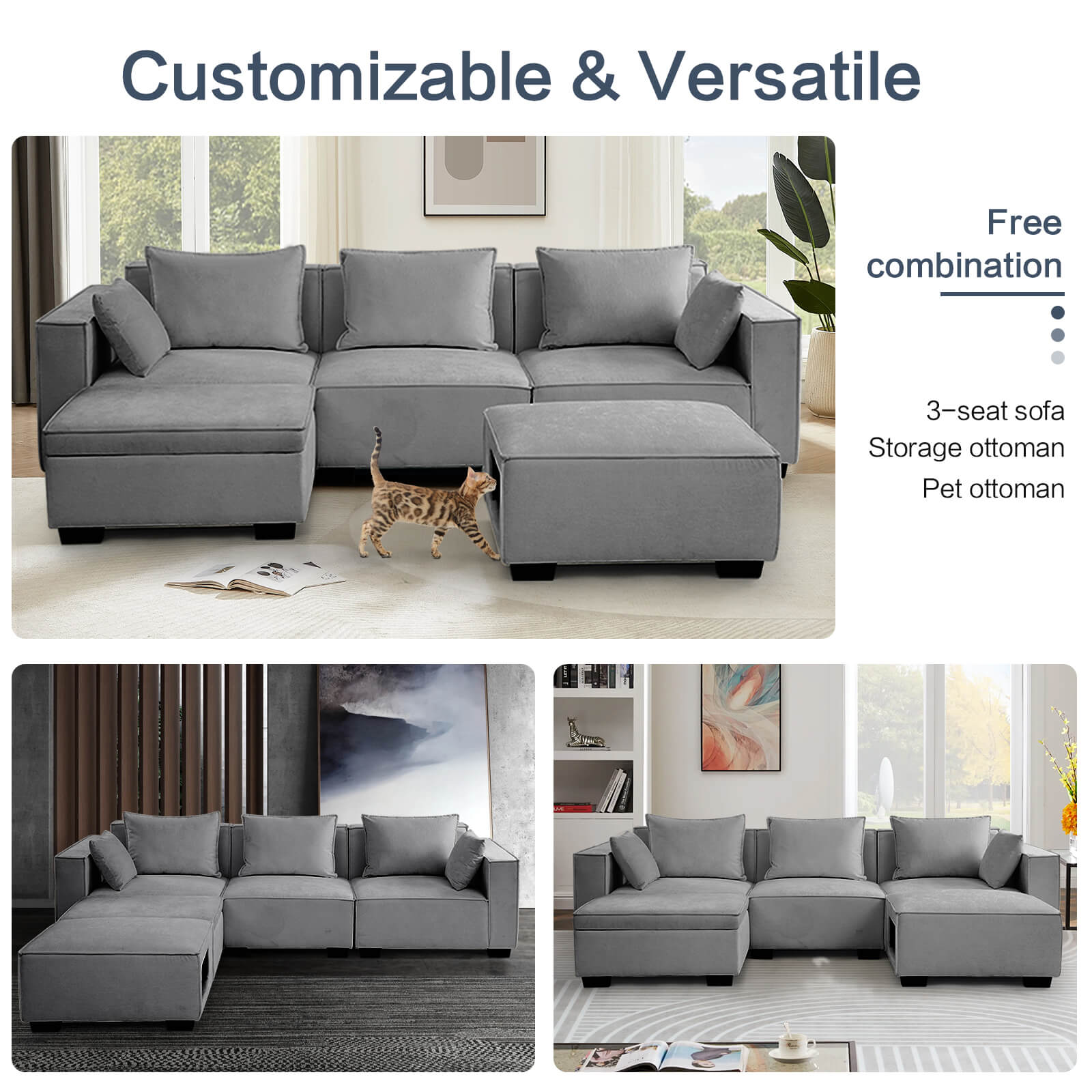 Modular Sectional 5 Seat Sofa, Extra Large U Shaped Couch with Storage & Pet Ottoman