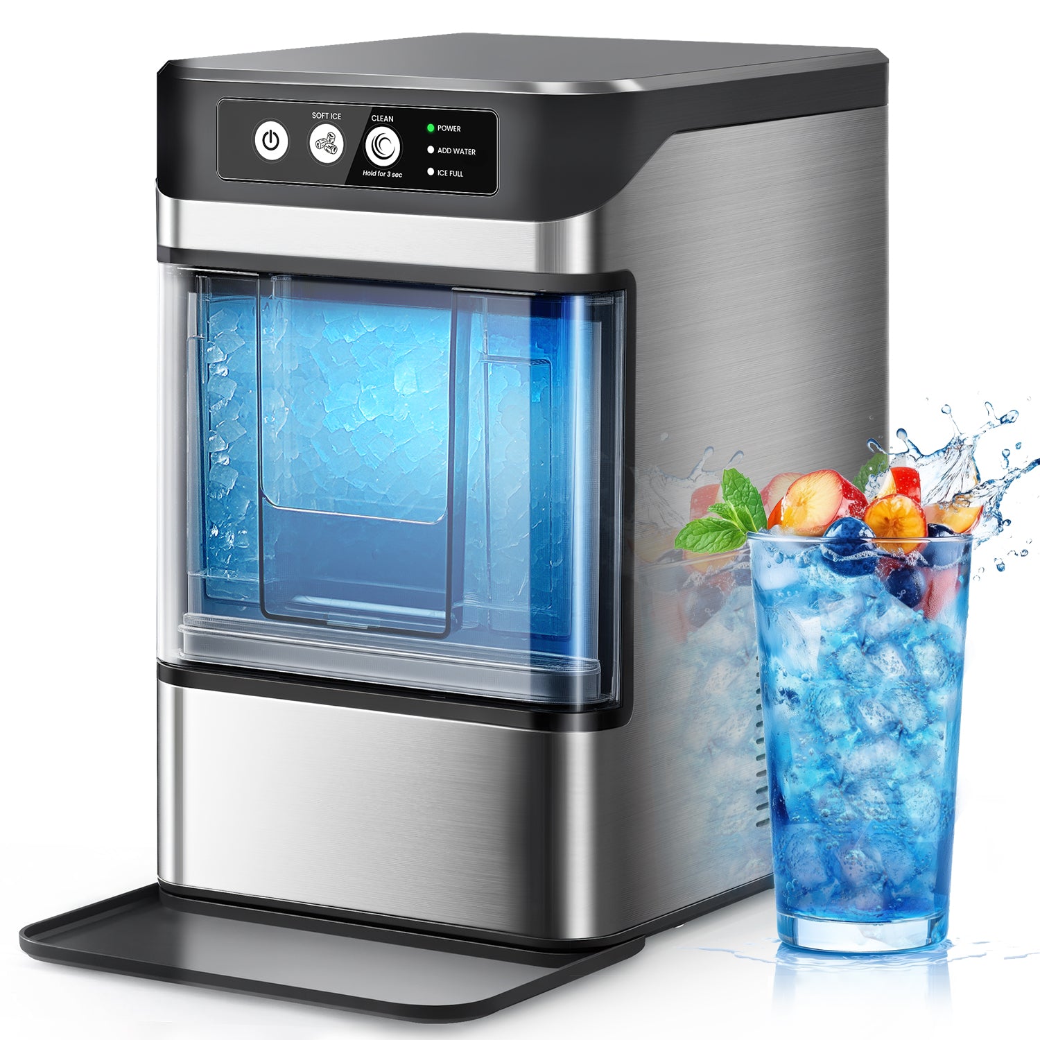 THLAND Nugget Ice Maker Countertop with Handle,Chewable Crunchable Countertop Nugget Ice Maker,41Lbs/24H, Self-Cleaning, One-Click Operation, Stainless Steel,Ideal for Parties, Kitchens, Bars(Silver)