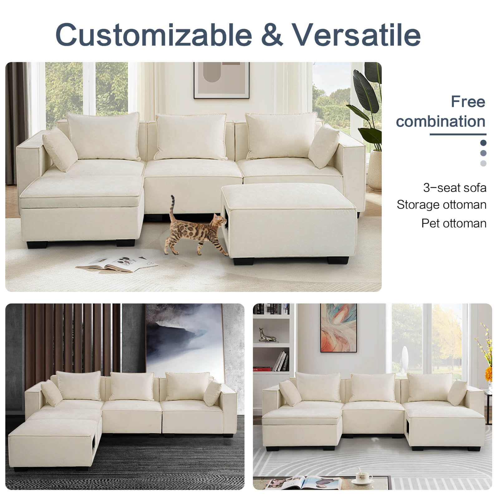 Modular Sectional 5 Seat Sofa, Extra Large U Shaped Couch with Storage & Pet Ottoman