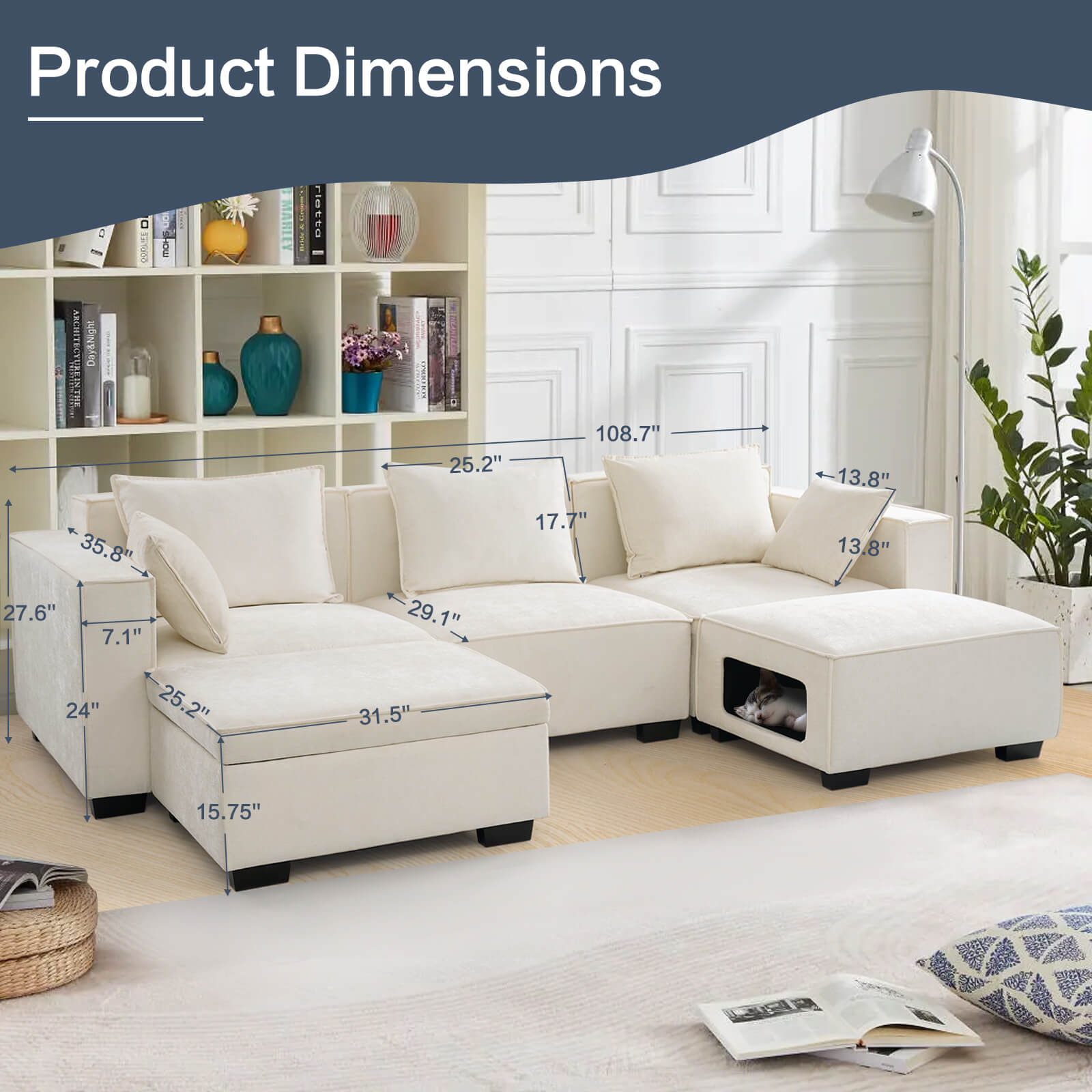 Modular Sectional 5 Seat Sofa, Extra Large U Shaped Couch with Storage & Pet Ottoman