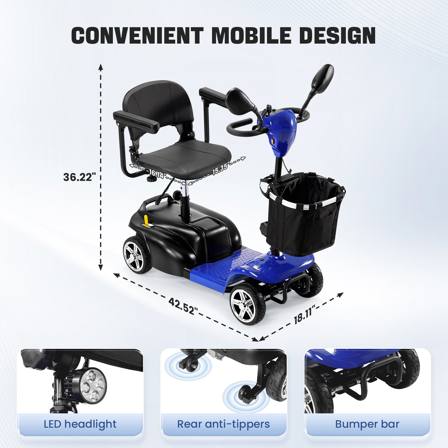 THLAND 30 Miles Long Range 4 Wheel Electric Mobility Scooter with 350W Motor - Foldable Mobility Scooter for Adults/Seniors - Compact Heavy Duty Mobility for Travel, 300 lb Capacity