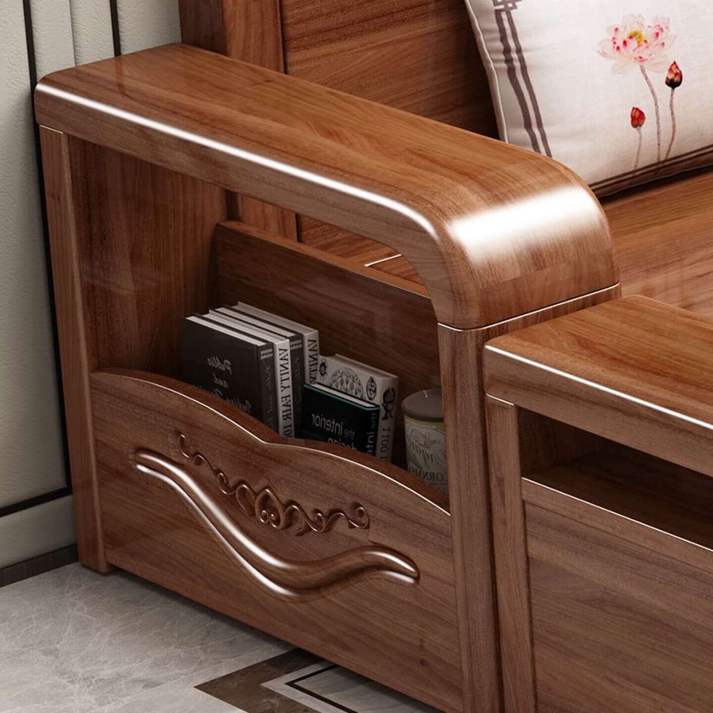 Chinese-Inspired Walnut Wood Sofa with Dual Hidden Storage, 1/2/3/4-Seat