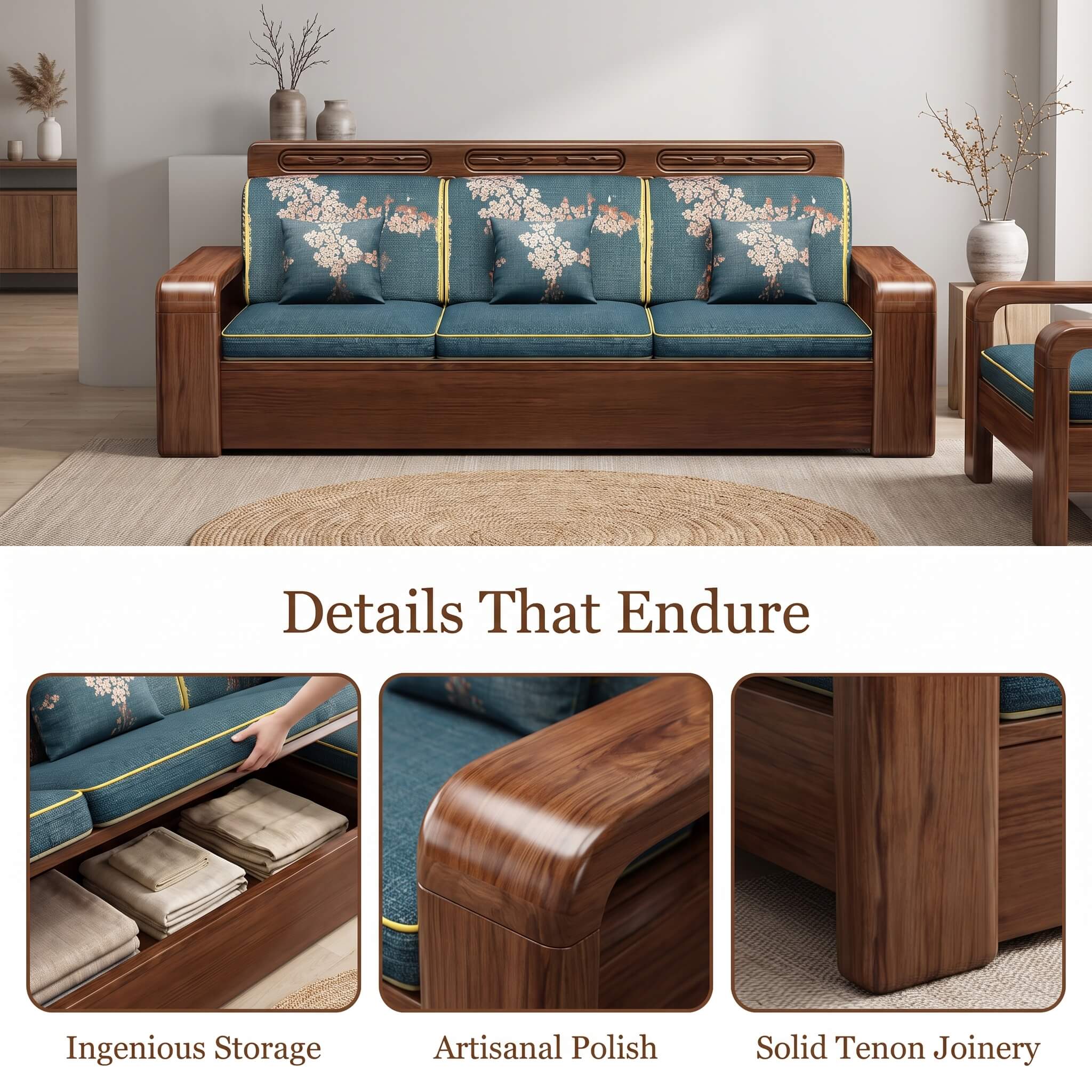 Chinese-Inspired Walnut Wood Sofa with Dual Hidden Storage, 1/2/3/4-Seat