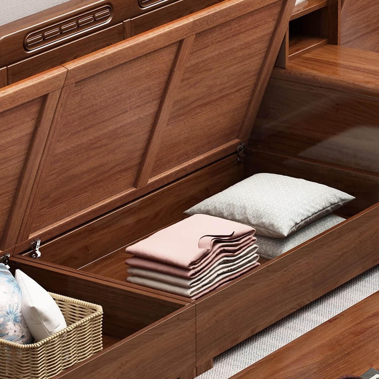 Chinese-Inspired Walnut Wood Sofa with Dual Hidden Storage, 1/2/3/4-Seat