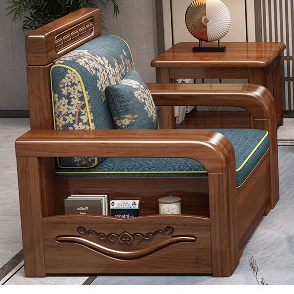 Chinese-Inspired Walnut Wood Sofa with Dual Hidden Storage, 1/2/3/4-Seat
