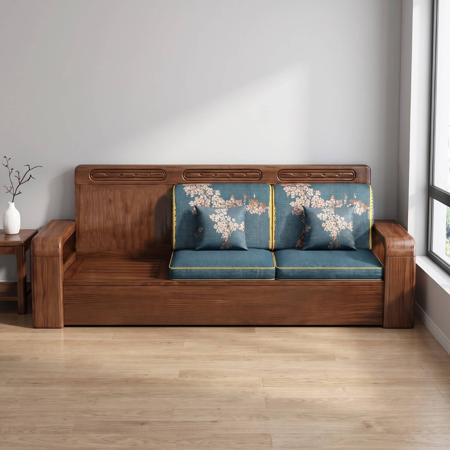 Chinese-Inspired Walnut Wood Sofa with Dual Hidden Storage, 1/2/3/4-Seat