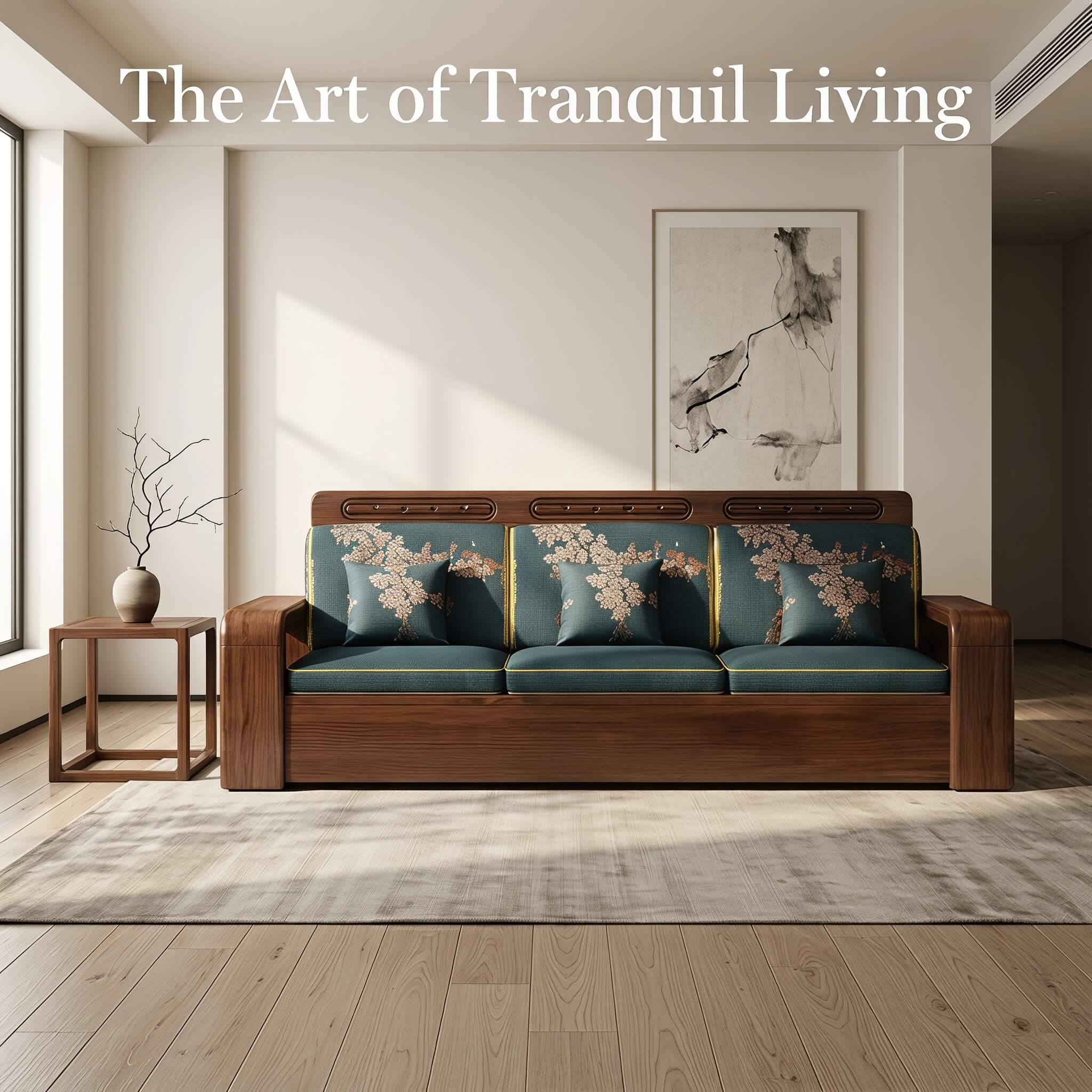 Chinese-Inspired Walnut Wood Sofa with Dual Hidden Storage, 1/2/3/4-Seat