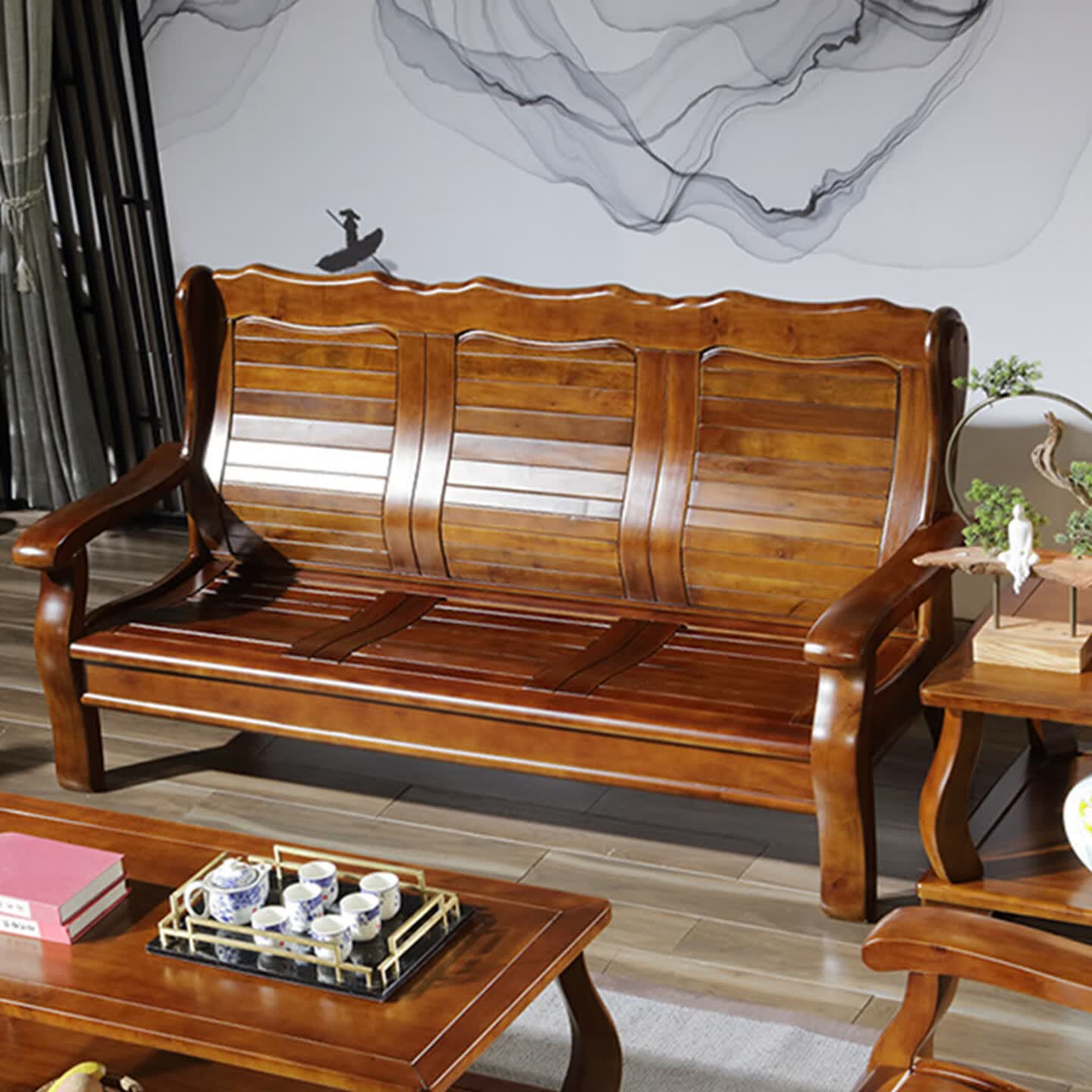Chinese-Inspired Solid Camphor Wood Sofa Set – Armchair, Loveseat, 3-Seater & Tea Table