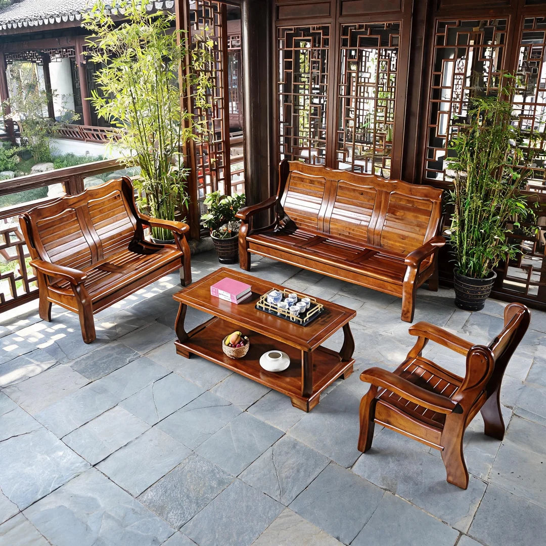 Chinese-Inspired Solid Camphor Wood Sofa Set – Armchair, Loveseat, 3-Seater & Tea Table