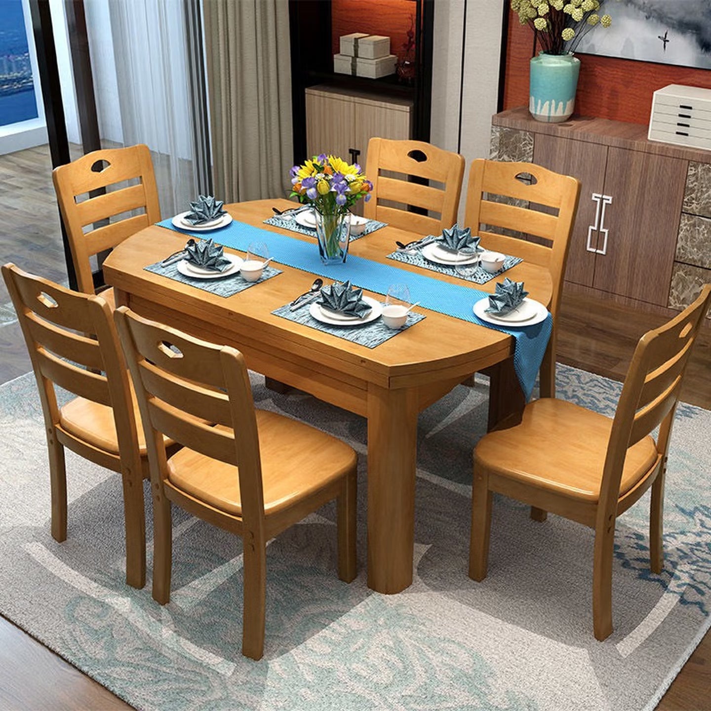 Chinese Solid Wood Extendable Dining Table Set Round Square Convertible Space Saving Design