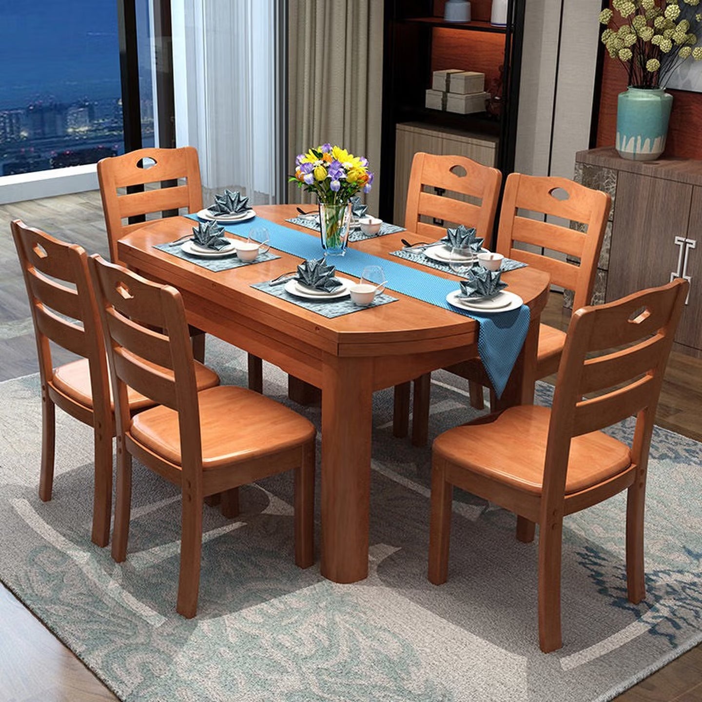 Chinese Solid Wood Extendable Dining Table Set Round Square Convertible Space Saving Design
