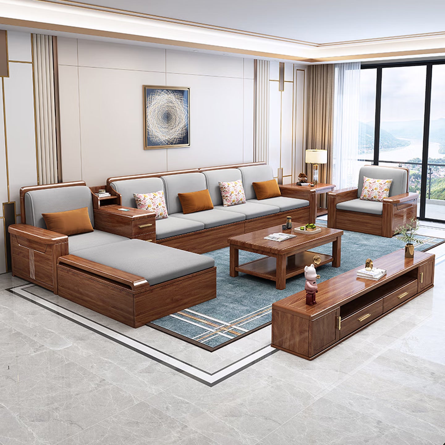 Luxury Solid Walnut Wood Sectional Sofa Set with Reversible Chaise Lounge & Removable Cushions, 4-Seater Couch with Matching Coffee Table & Storage for Living Room