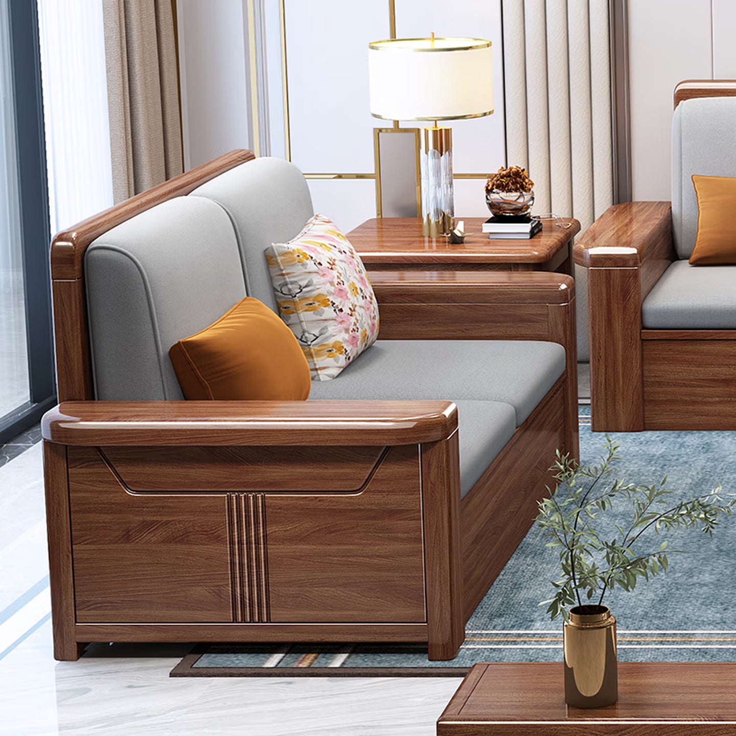 Luxury Solid Walnut Wood Sectional Sofa Set with Reversible Chaise Lounge & Removable Cushions, 4-Seater Couch with Matching Coffee Table & Storage for Living Room