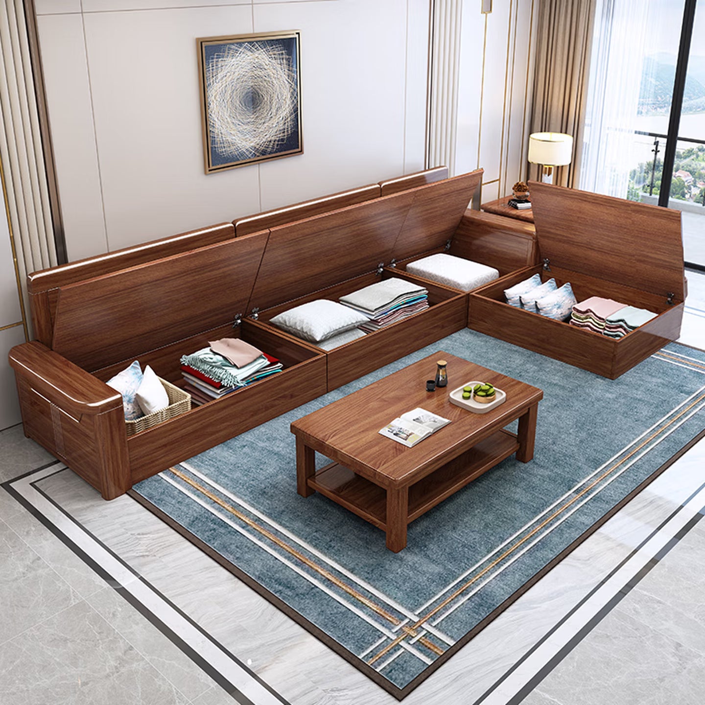 Luxury Solid Walnut Wood Sectional Sofa Set with Reversible Chaise Lounge & Removable Cushions, 4-Seater Couch with Matching Coffee Table & Storage for Living Room