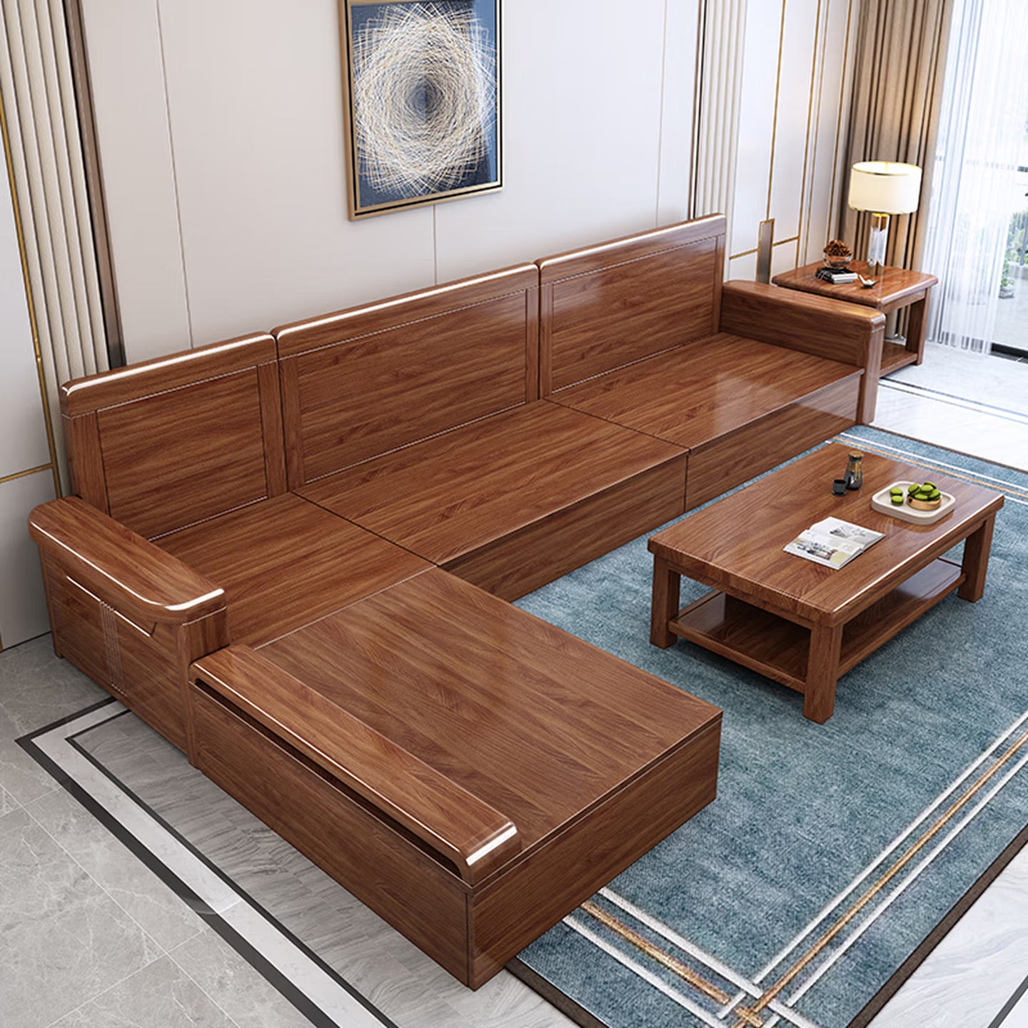 Luxury Solid Walnut Wood Sectional Sofa Set with Reversible Chaise Lounge & Removable Cushions, 4-Seater Couch with Matching Coffee Table & Storage for Living Room