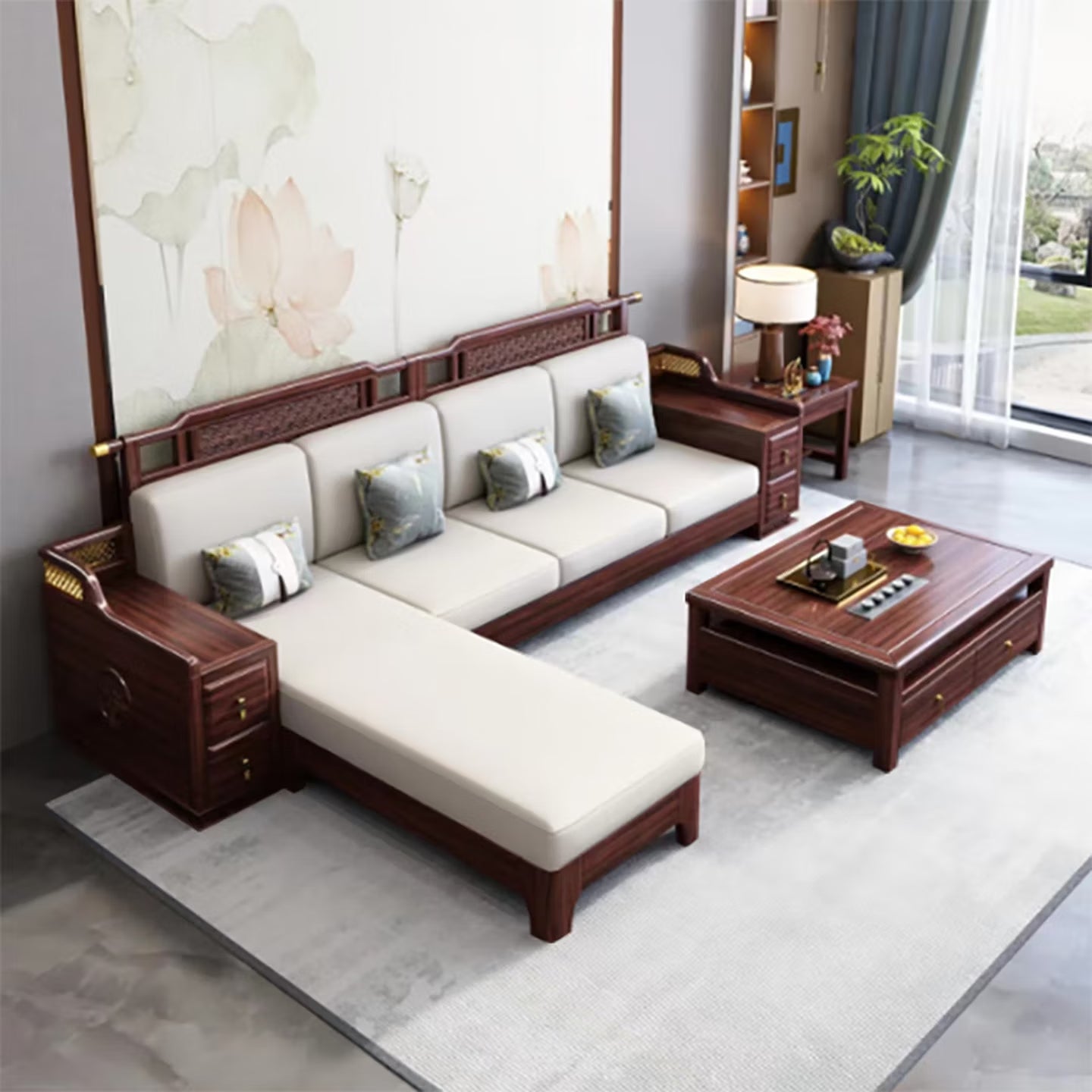 Modern Chinese Style Solid Zebrawood Sectional Sofa Set Premium L-Shaped Living Room Couch with Built-in Storage, Reversible Chaise, and All-Season Cushions