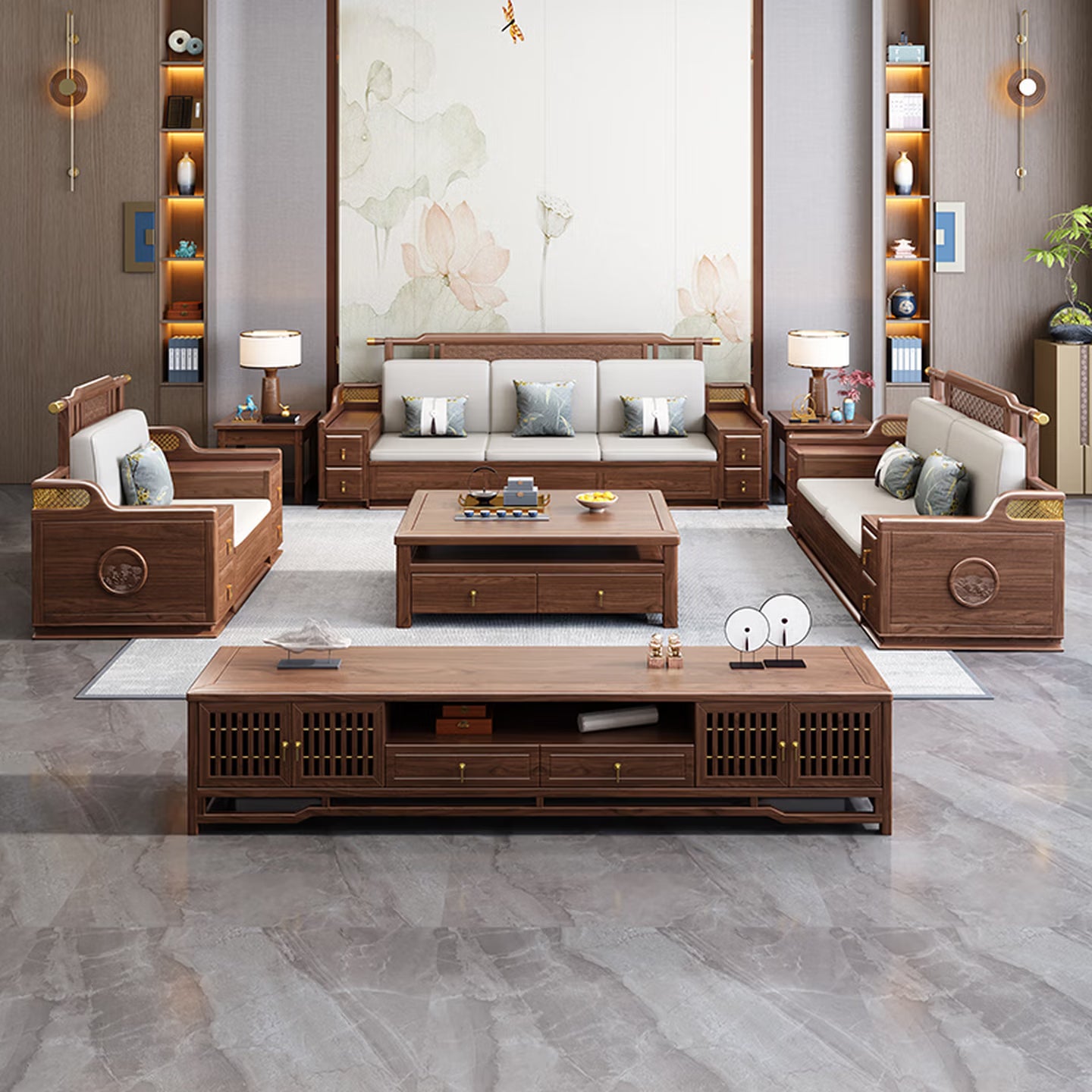 Modern Chinese Style Solid Zebrawood Sectional Sofa Set Premium L-Shaped Living Room Couch with Built-in Storage, Reversible Chaise, and All-Season Cushions