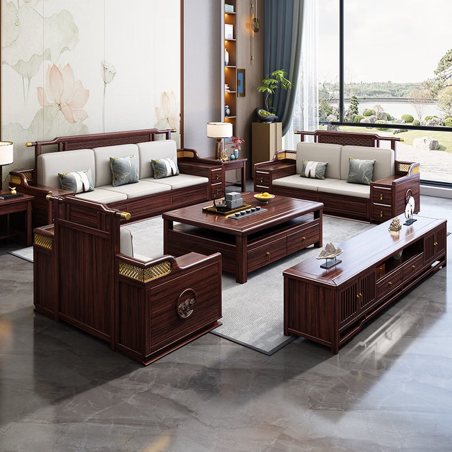 Modern Chinese Style Solid Zebrawood Sectional Sofa Set Premium L-Shaped Living Room Couch with Built-in Storage, Reversible Chaise, and All-Season Cushions