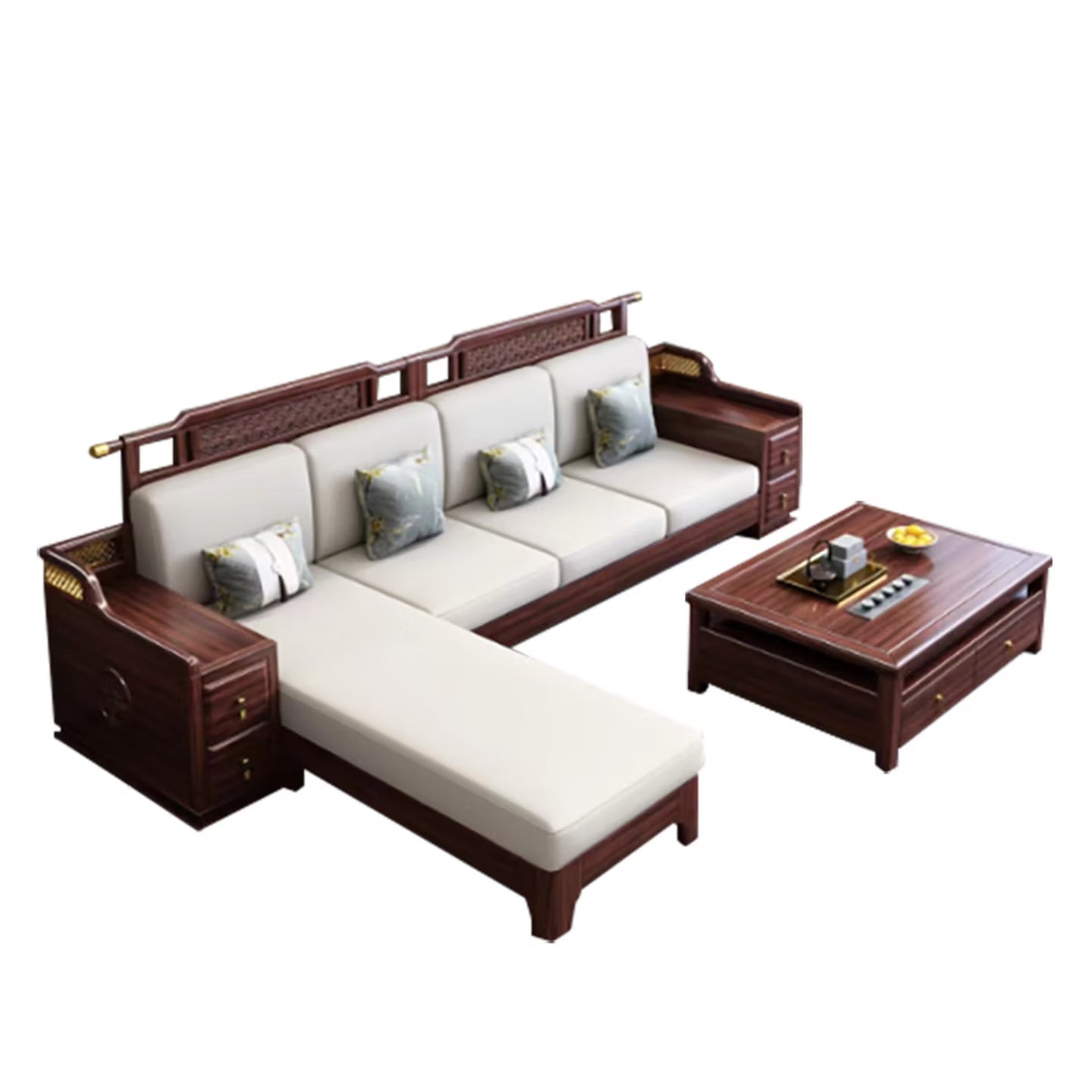 Modern Chinese Style Solid Zebrawood Sectional Sofa Set Premium L-Shaped Living Room Couch with Built-in Storage, Reversible Chaise, and All-Season Cushions