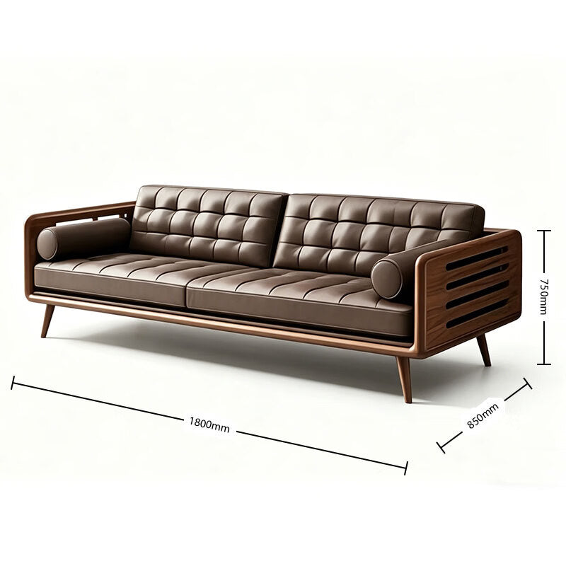 Modern Chinese Black Walnut & Genuine Leather Straight Sofa Set – Mortise & Tenon Frame