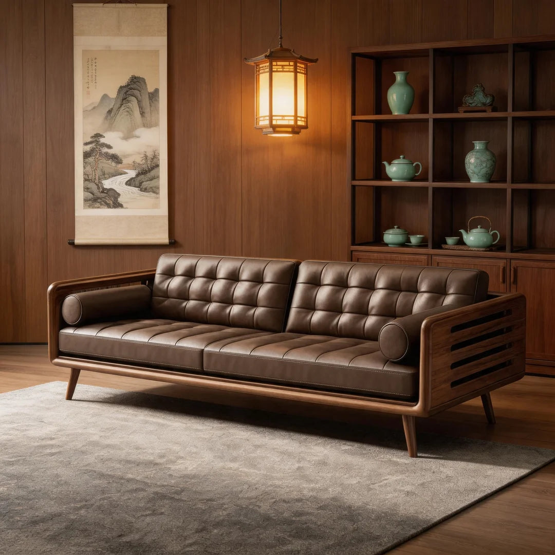 Modern Chinese Black Walnut & Genuine Leather Straight Sofa Set – Mortise & Tenon Frame