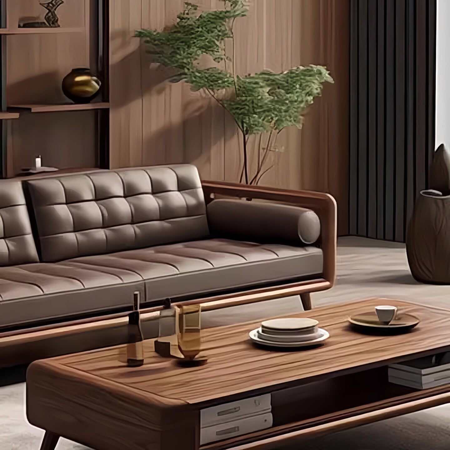 Modern Chinese Black Walnut & Genuine Leather Straight Sofa Set – Mortise & Tenon Frame