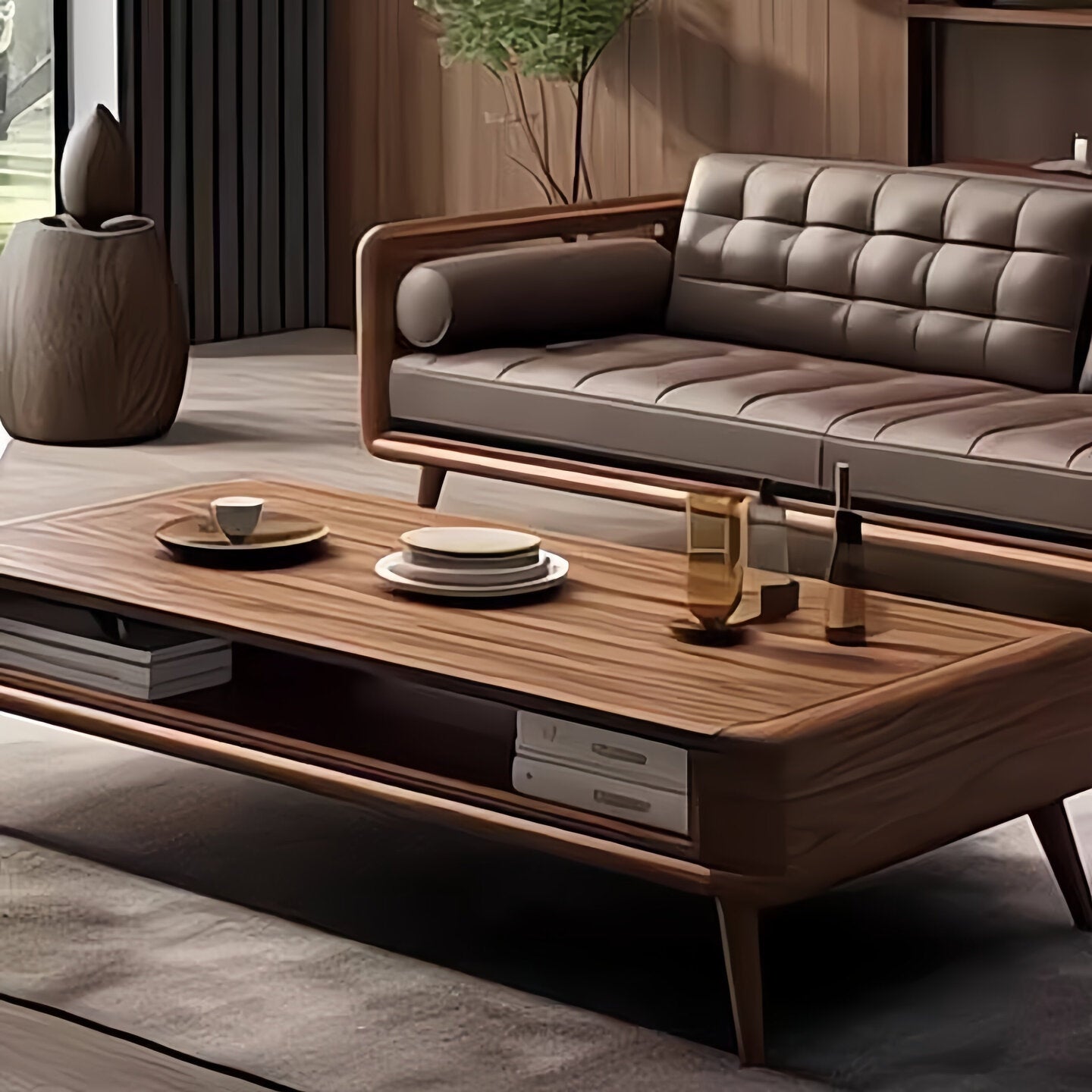 Modern Chinese Black Walnut & Genuine Leather Straight Sofa Set – Mortise & Tenon Frame