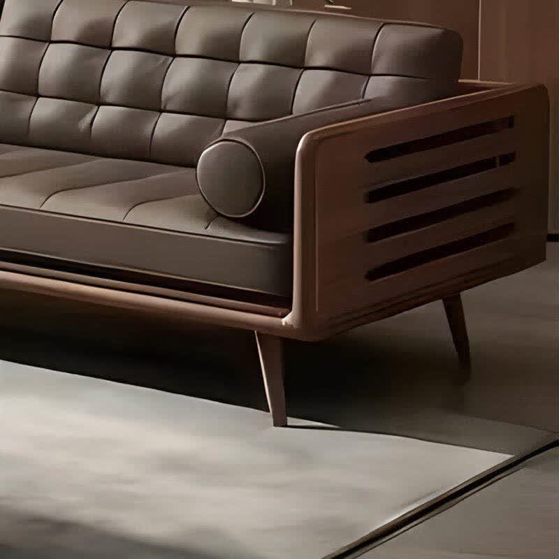 Modern Chinese Black Walnut & Genuine Leather Straight Sofa Set – Mortise & Tenon Frame