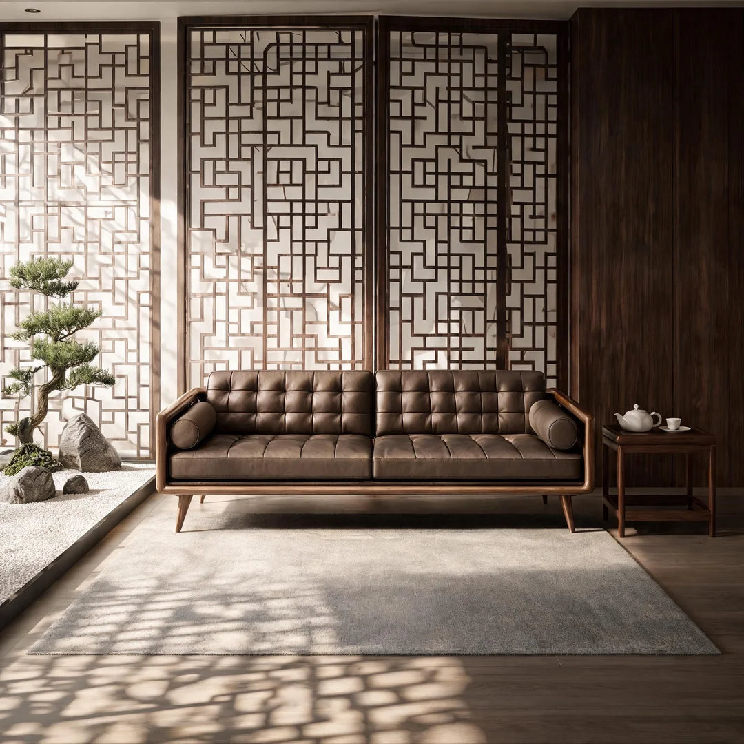 Modern Chinese Black Walnut & Genuine Leather Straight Sofa Set – Mortise & Tenon Frame