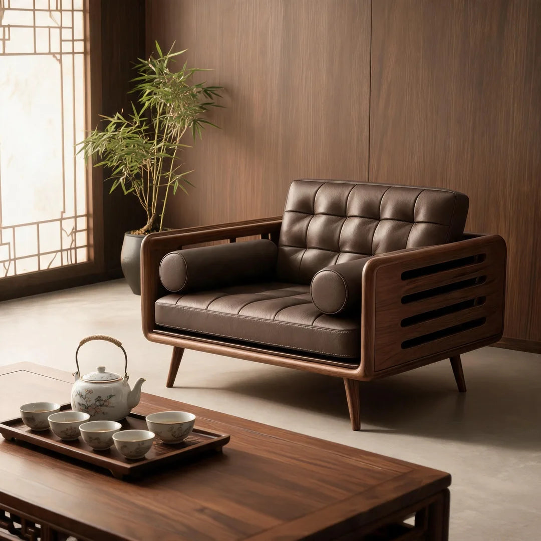 Modern Chinese Black Walnut & Genuine Leather Straight Sofa Set – Mortise & Tenon Frame