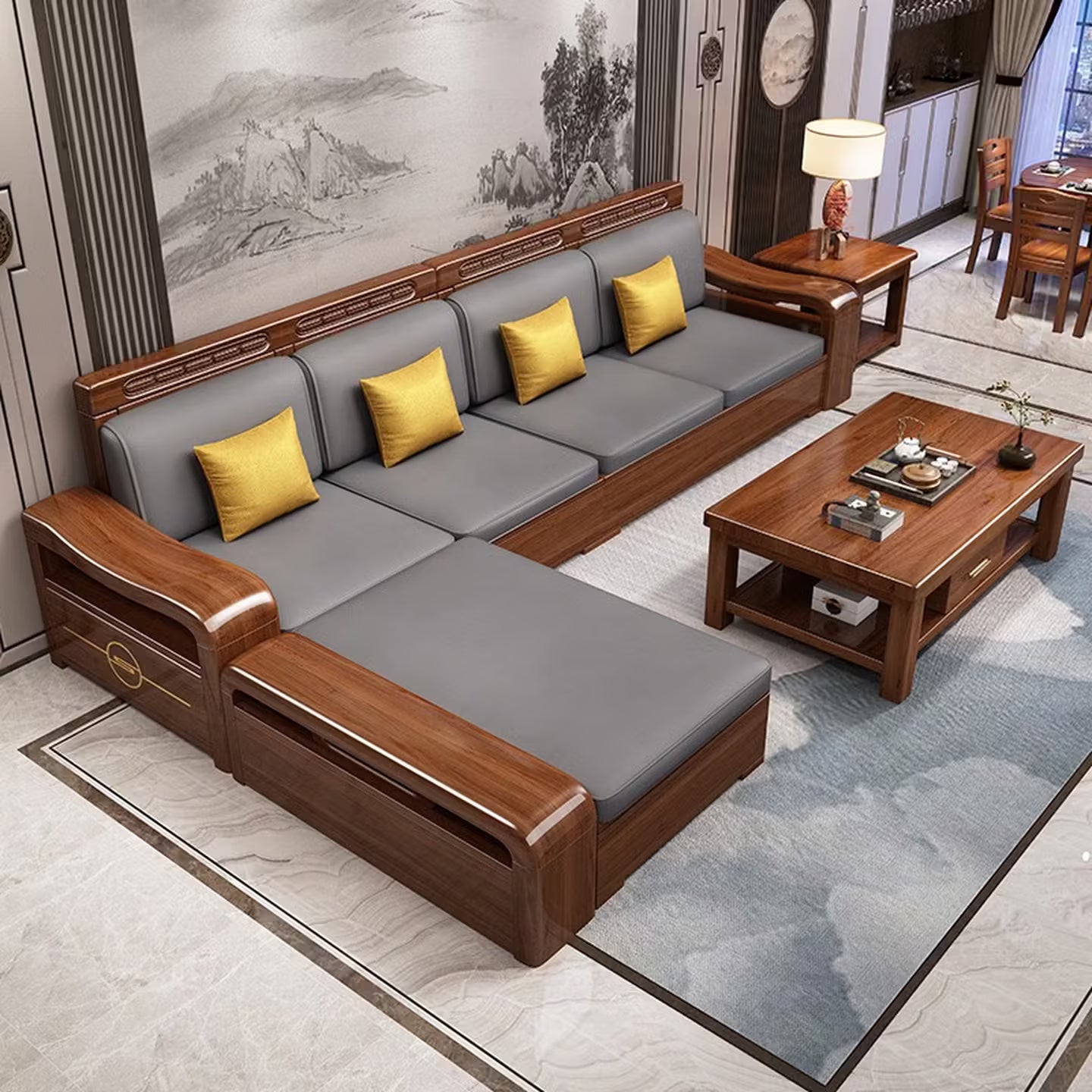 Modern Chinese Walnut Solid Wood Sectional Sofa Set with Storage & Chaise Lounge for Living Room