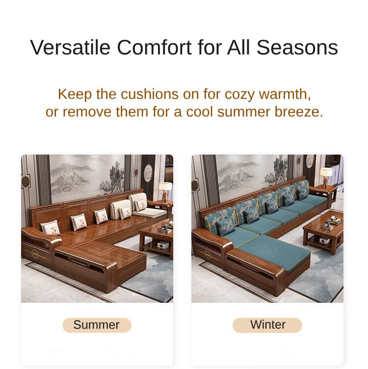 Modern Chinese Walnut Solid Wood Sectional Sofa Set with Storage & Chaise Lounge for Living Room