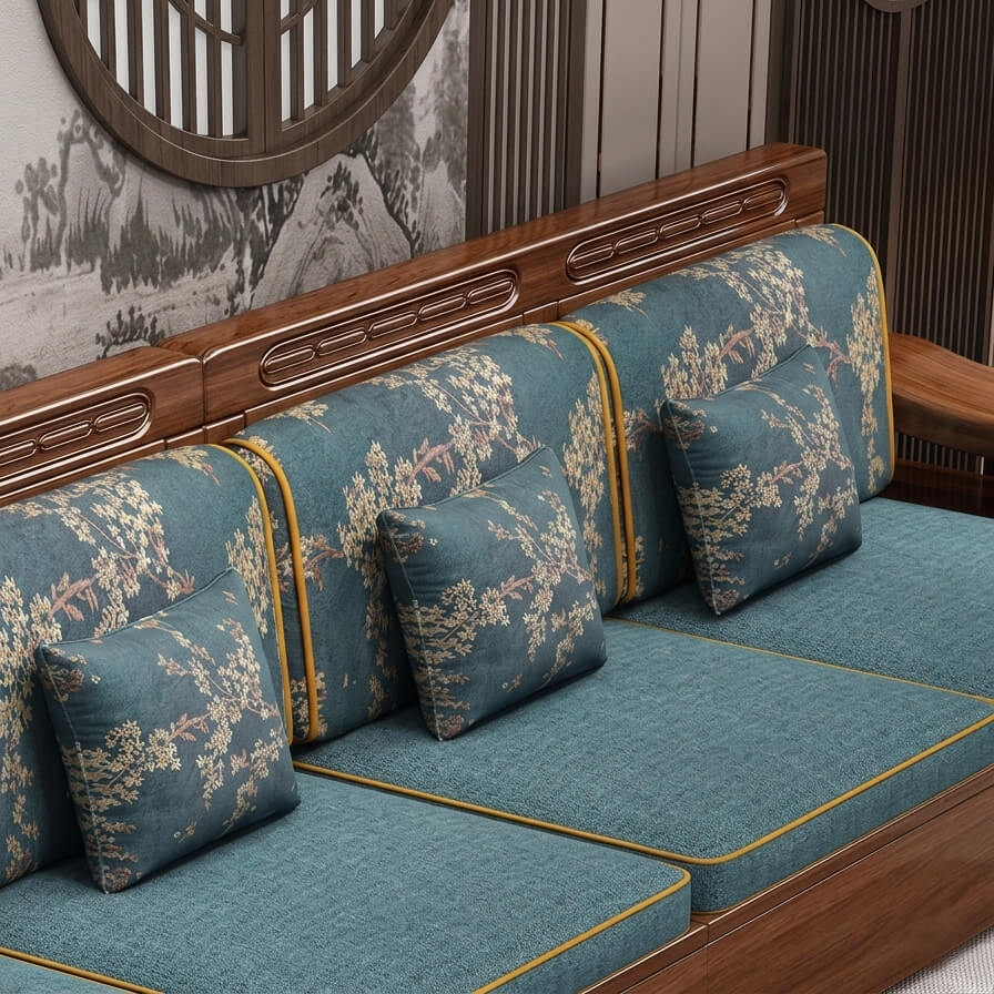 Modern Chinese Walnut Solid Wood Sectional Sofa Set with Storage & Chaise Lounge for Living Room