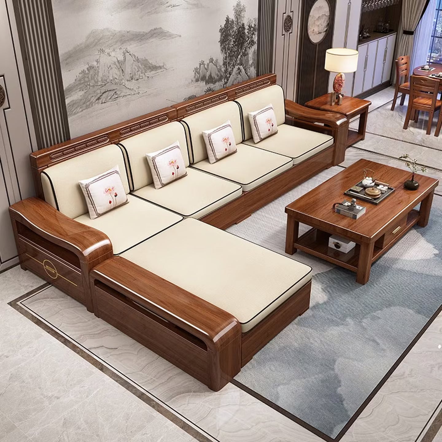 Modern Chinese Walnut Solid Wood Sectional Sofa Set with Storage & Chaise Lounge for Living Room