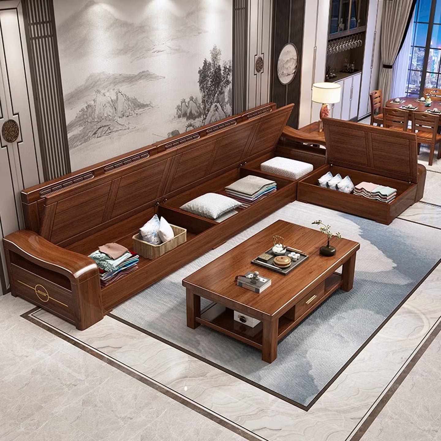 Modern Chinese Walnut Solid Wood Sectional Sofa Set with Storage & Chaise Lounge for Living Room