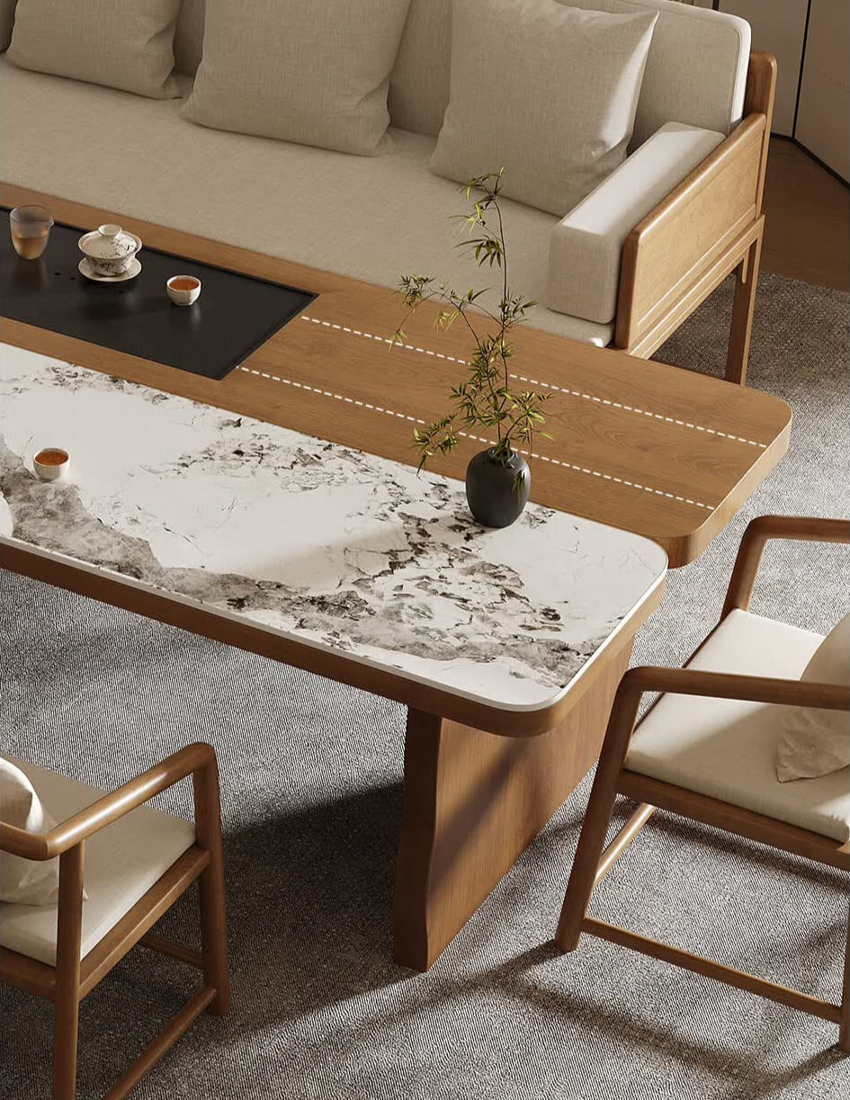 Modern Chinese Zen Solid Wood Tea Table Set with Modular Seating