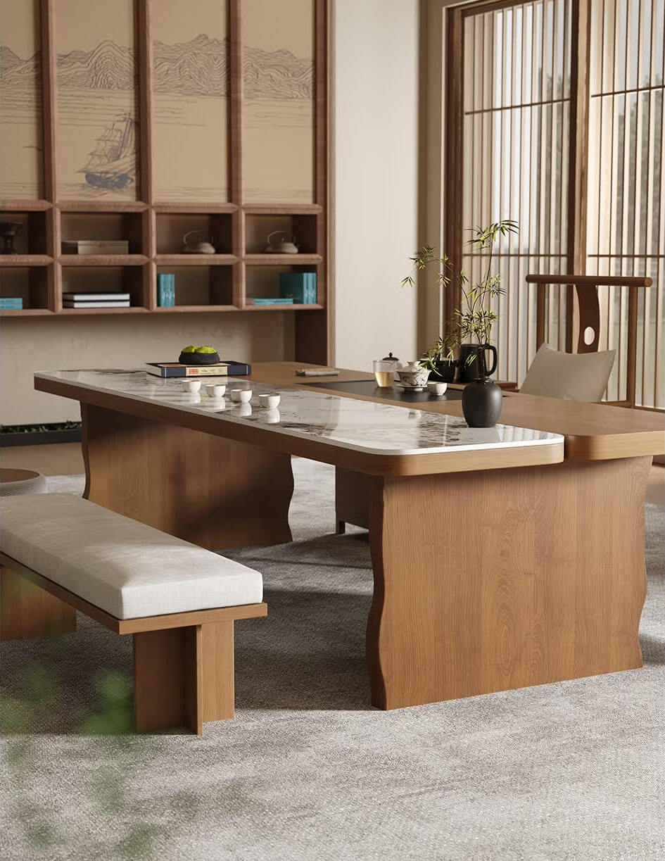 Modern Chinese Zen Solid Wood Tea Table Set with Modular Seating