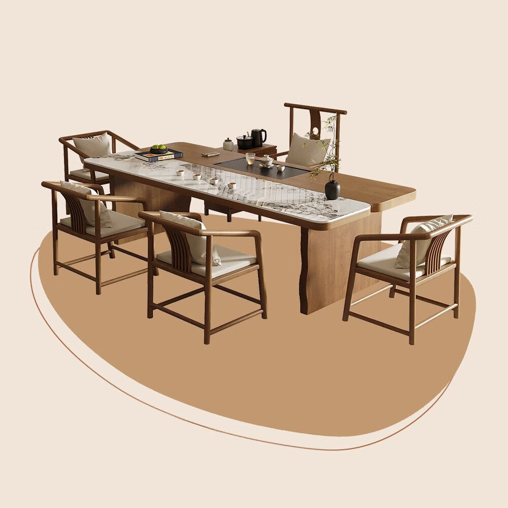 Modern Chinese Zen Solid Wood Tea Table Set with Modular Seating