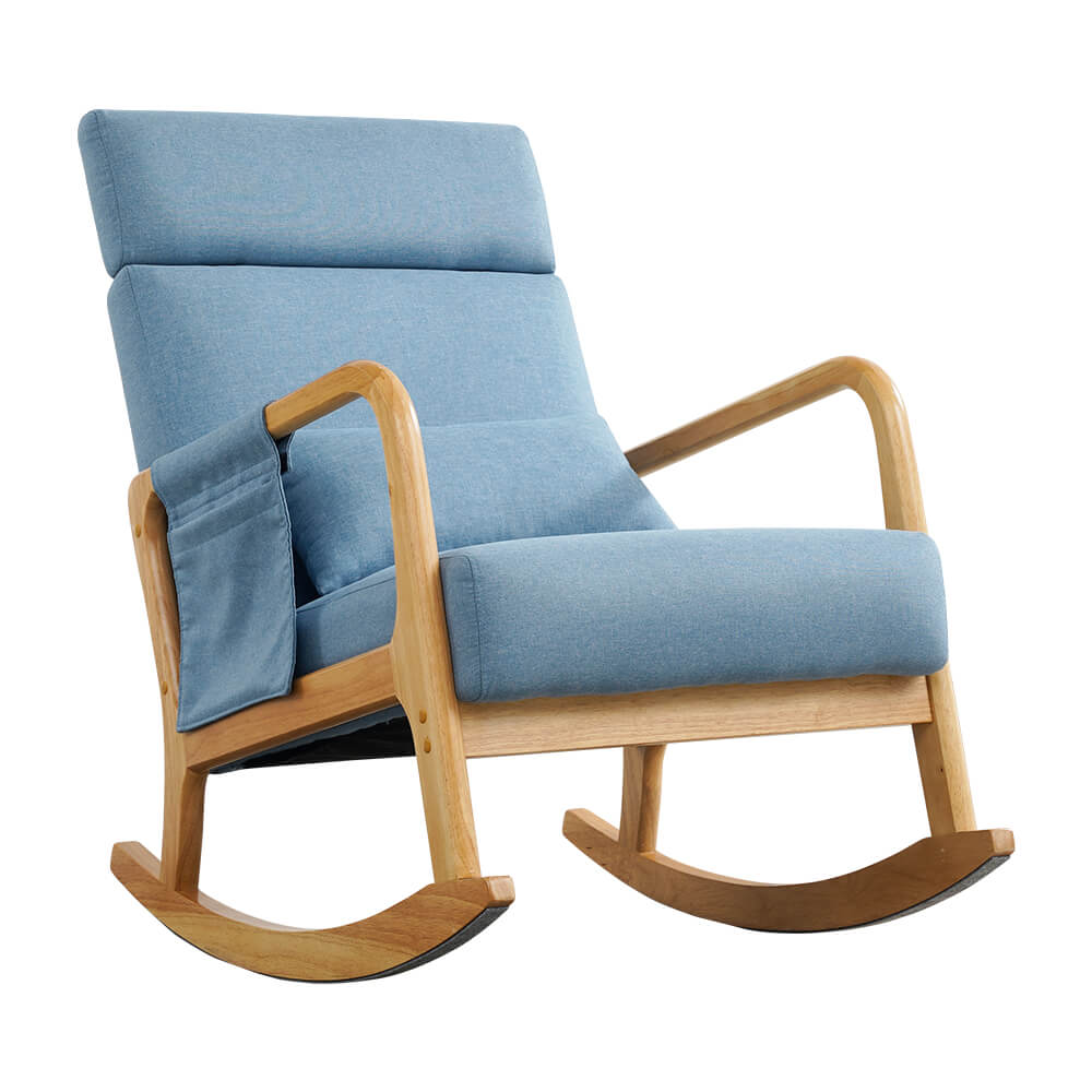 Solid Wood Rocking Chair with Thick Cushion, Glider, Adjustable Headrest and Lumbar Support