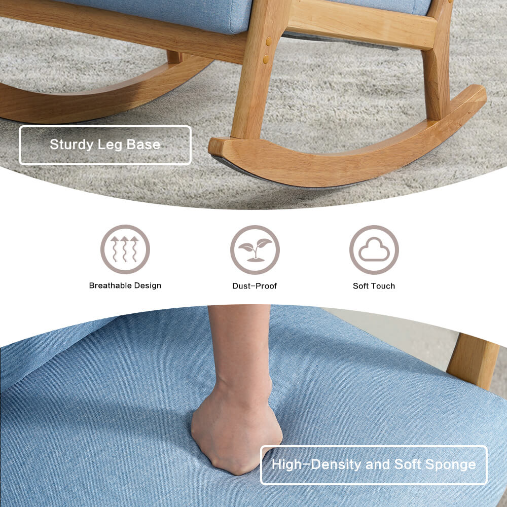 Solid Wood Rocking Chair with Thick Cushion, Glider, Adjustable Headrest and Lumbar Support