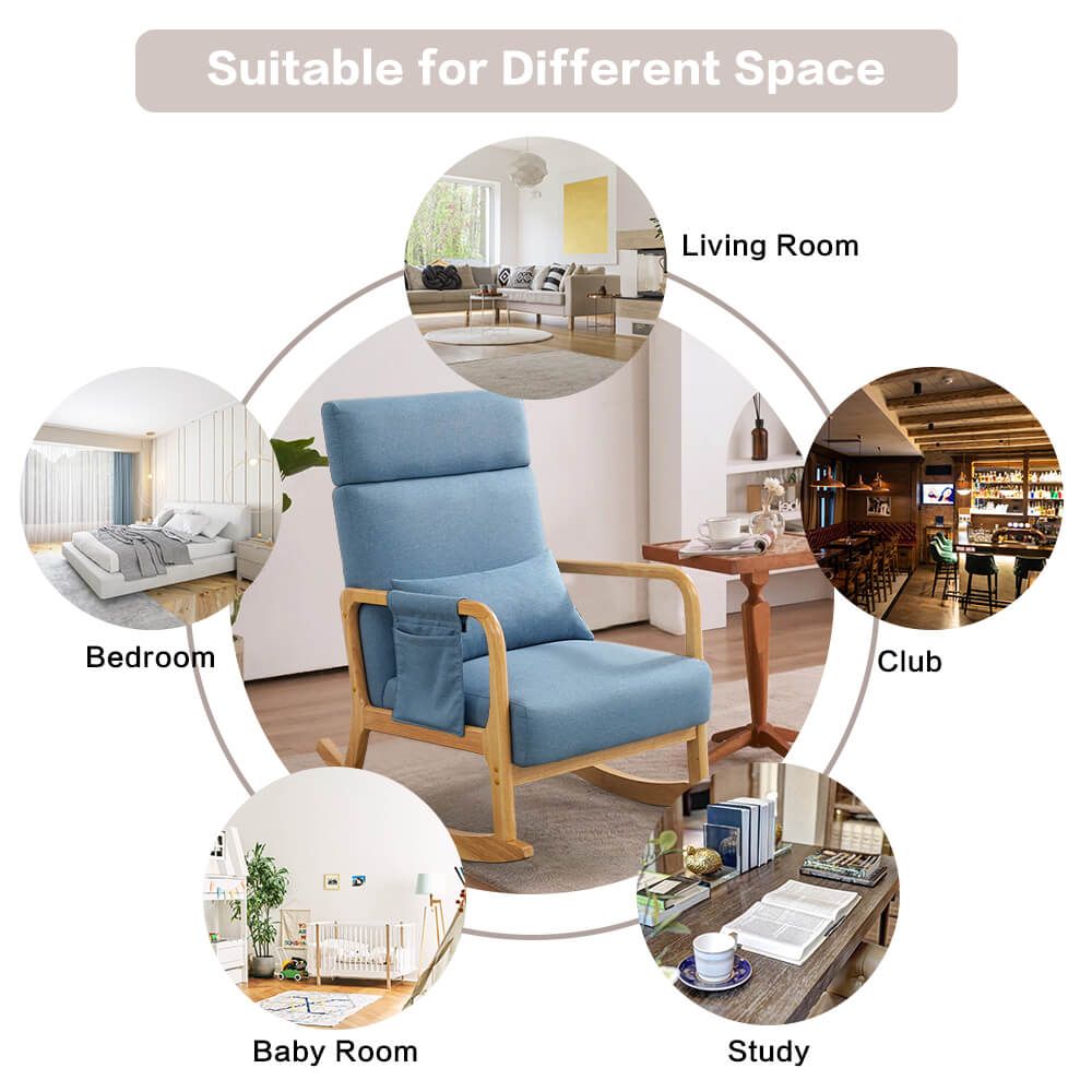 Solid Wood Rocking Chair with Thick Cushion, Glider, Adjustable Headrest and Lumbar Support