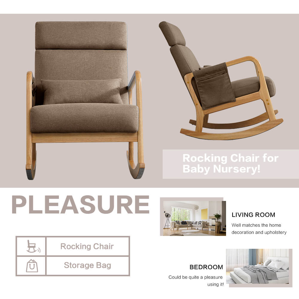 Solid Wood Rocking Chair with Thick Cushion, Glider, Adjustable Headrest and Lumbar Support