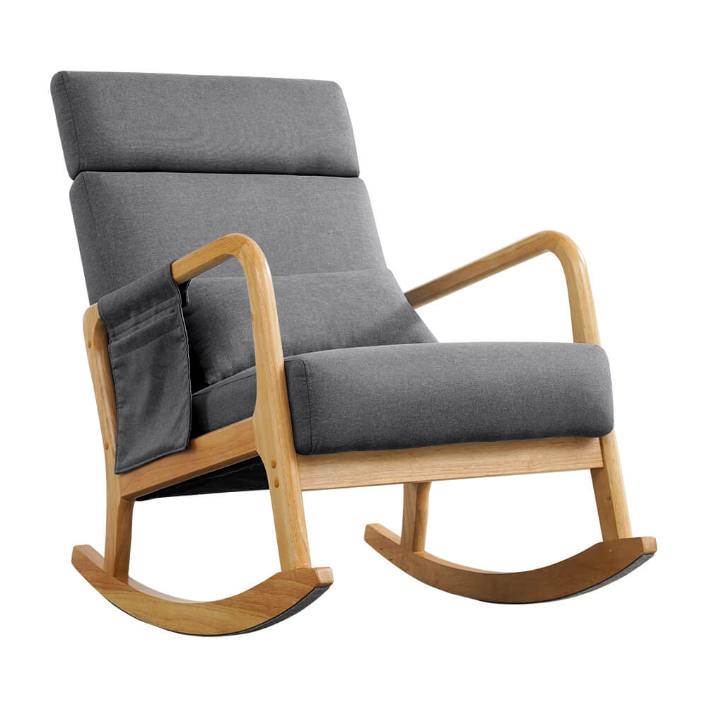 Solid Wood Rocking Chair with Thick Cushion, Glider, Adjustable Headrest and Lumbar Support