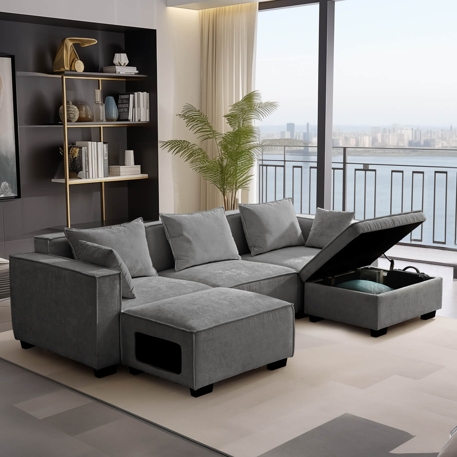 Sectional Sofa, Modern Chenille Fabric, U Shape Sectional 5 Seater Living Room Chaise, with Storage/Pet Sofa