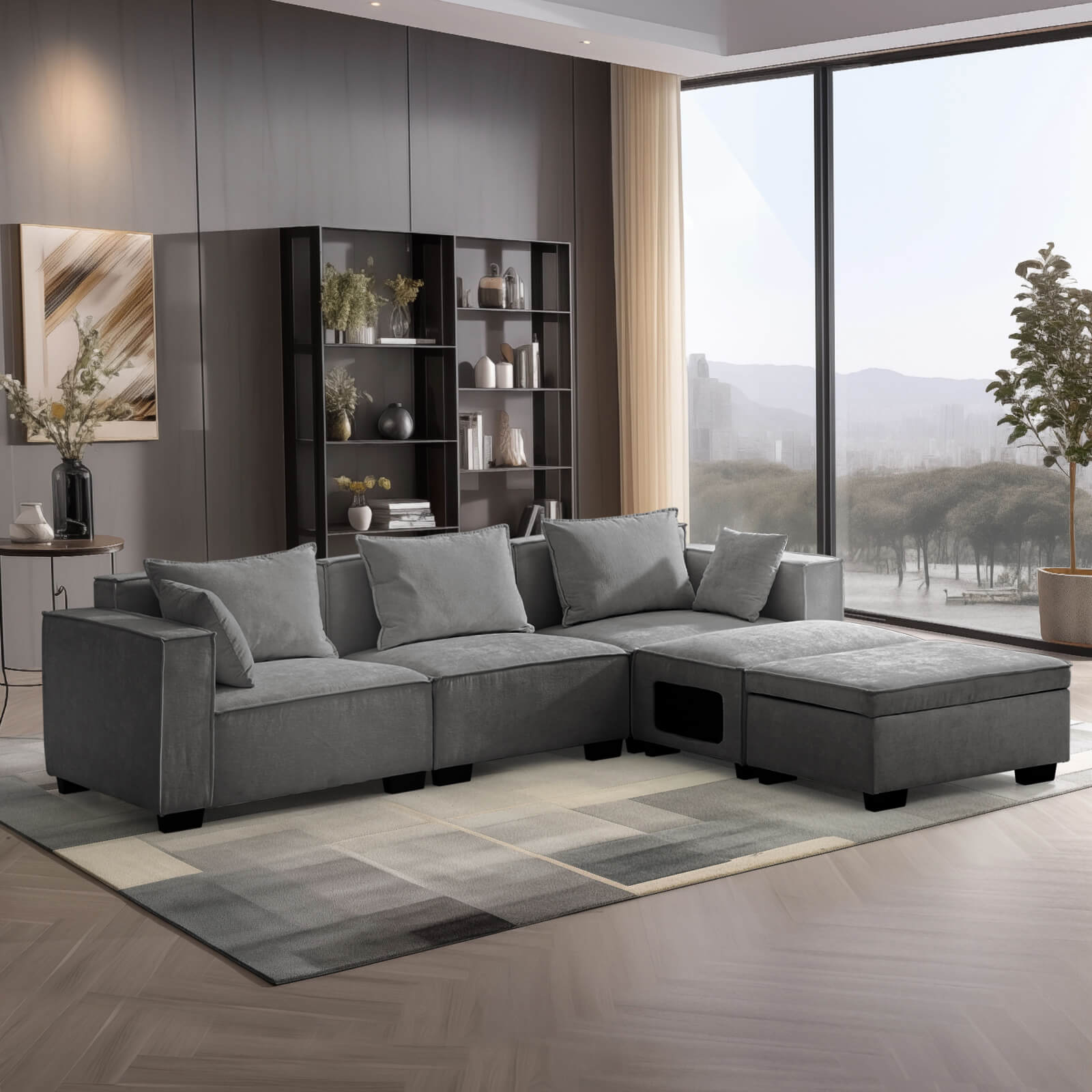 Sectional Sofa, Modern Chenille Fabric, U Shape Sectional 5 Seater Living Room Chaise, with Storage/Pet Sofa