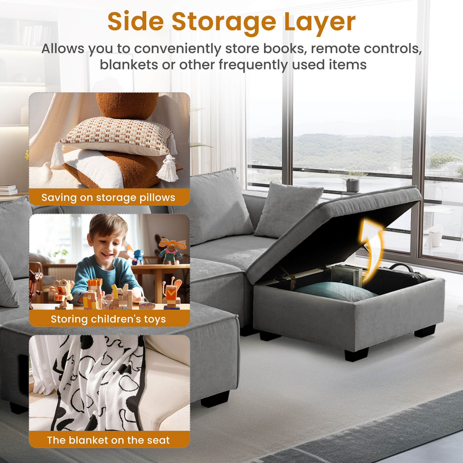 Sectional Sofa, Modern Chenille Fabric, U Shape Sectional 5 Seater Living Room Chaise, with Storage/Pet Sofa