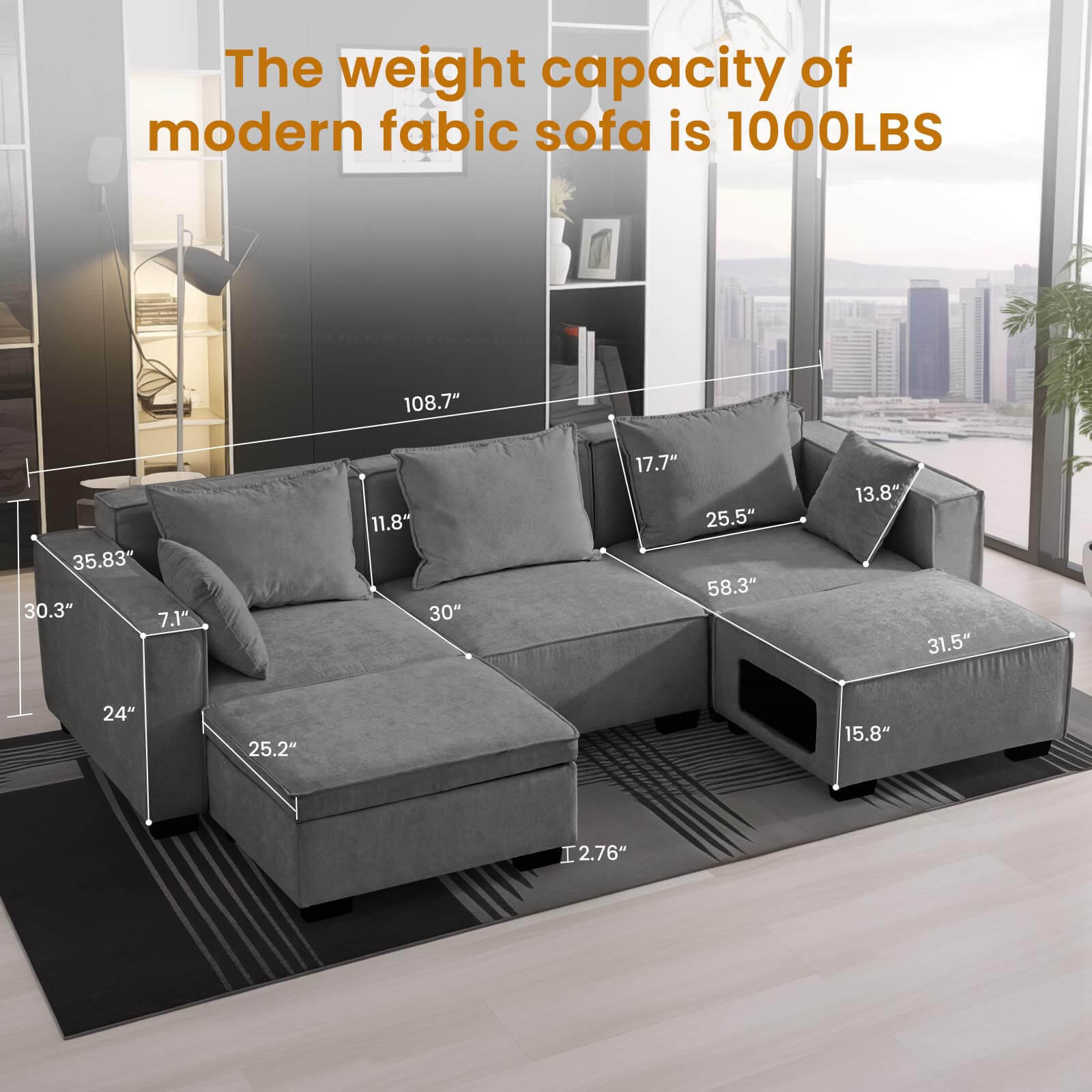 Sectional Sofa, Modern Chenille Fabric, U Shape Sectional 5 Seater Living Room Chaise, with Storage/Pet Sofa